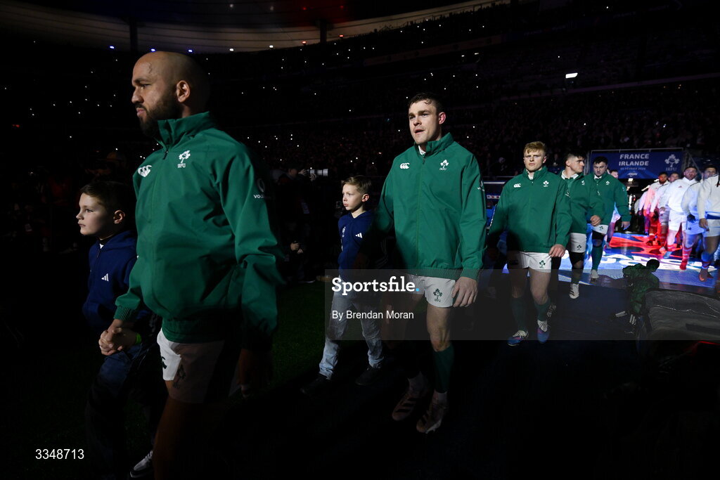 5 February 2026; Garry Ringrose of Ireland walks onto the pitch before the Guinness 6 Nations Rugby Championship match between France and Ireland at Stade de France in Paris, France. Photo by Brendan Moran/Sportsfile