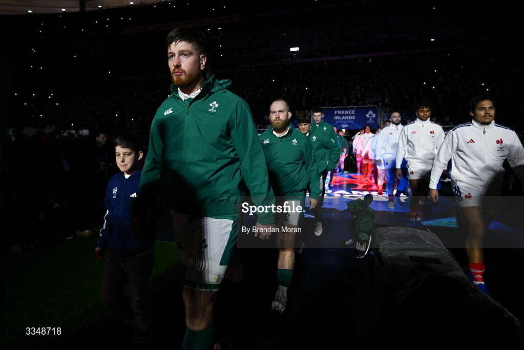5 February 2026; Joe McCarthy of Ireland walks onto the pitch before the Guinness 6 Nations Rugby Championship match between France and Ireland at Stade de France in Paris, France. Photo by Brendan Moran/Sportsfile