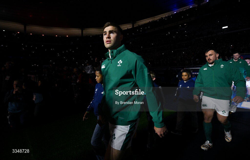 5 February 2026; Jack Crowley of Ireland walks onto the pitch before the Guinness 6 Nations Rugby Championship match between France and Ireland at Stade de France in Paris, France. Photo by Brendan Moran/Sportsfile