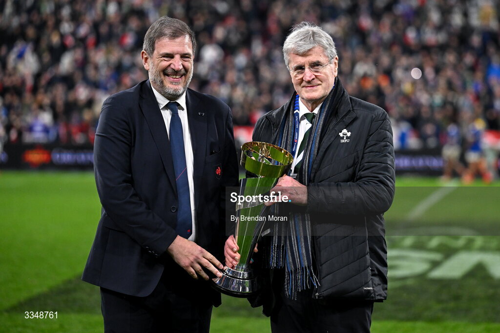 5 February 2026; FFR president Florian Grill, left, and IRFU president John O'Driscoll with the Solidarity Cup after the Guinness 6 Nations Rugby Championship match between France and Ireland at Stade de France in Paris, France. Photo by Brendan Moran/Sportsfile
