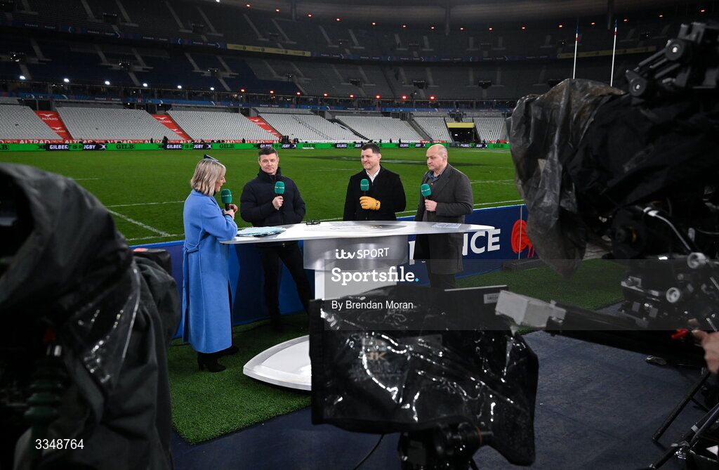 5 February 2026; The ITV pitch studio team of, from left, presenter Jill Douglas and analysts Brian O'Driscoll, Benjamin Kayser and Rory Best after the Guinness 6 Nations Rugby Championship match between France and Ireland at Stade de France in Paris, France. Photo by Brendan Moran/Sportsfile