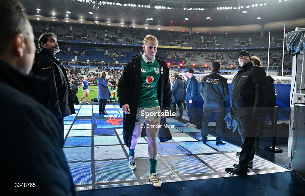 5 February 2026; Jamie Osborne of Ireland leaves the pitch after the Guinness 6 Nations Rugby Championship match between France and Ireland at Stade de France in Paris, France. Photo by Brendan Moran/Sportsfile