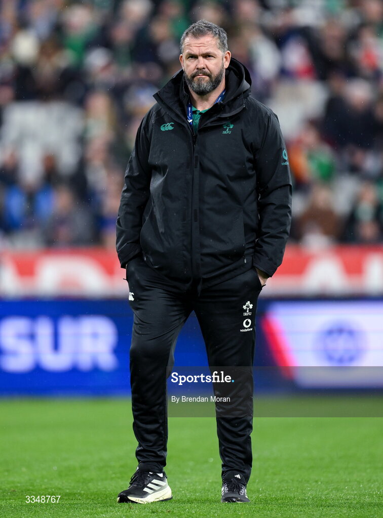 5 February 2026; Ireland head coach Andy Farrell before the Guinness 6 Nations Rugby Championship match between France and Ireland at Stade de France in Paris, France. Photo by Brendan Moran/Sportsfile