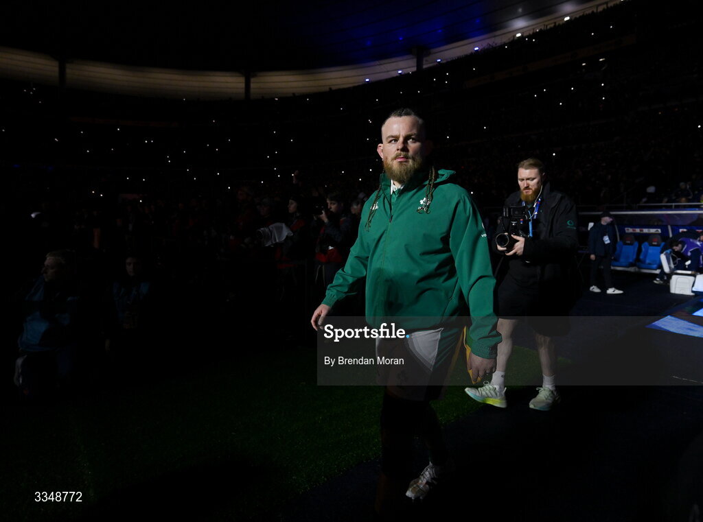 5 February 2026; Finlay Bealham of Ireland walks onto the pitch before the Guinness 6 Nations Rugby Championship match between France and Ireland at Stade de France in Paris, France. Photo by Brendan Moran/Sportsfile