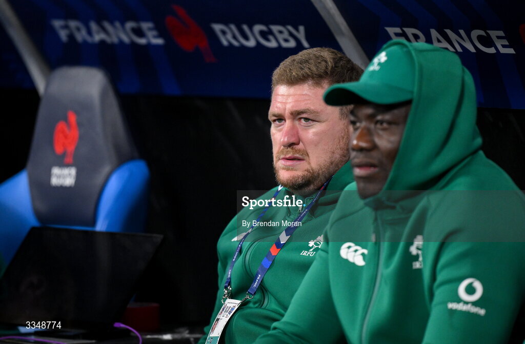 5 February 2026; Tadhg Furlong, left, and Edwin Edogbo of Ireland sit on thebench during the Guinness 6 Nations Rugby Championship match between France and Ireland at Stade de France in Paris, France. Photo by Brendan Moran/Sportsfile