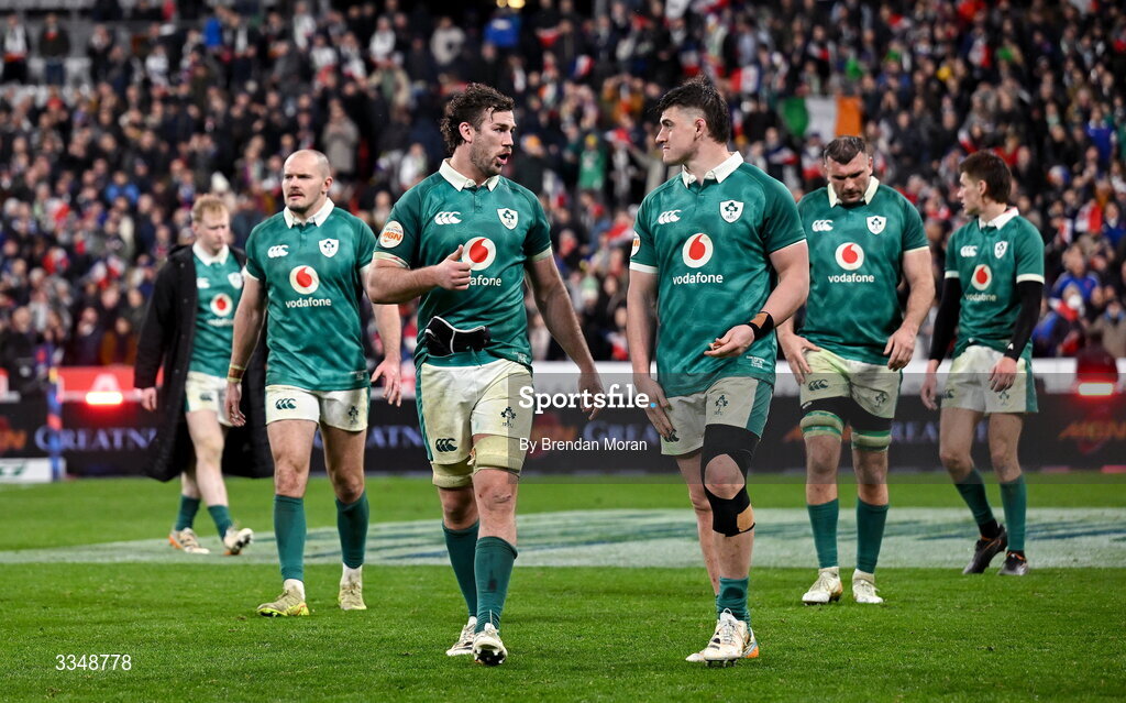 5 February 2026; Caelan Doris and Dan Sheehan of Ireland after the Guinness 6 Nations Rugby Championship match between France and Ireland at Stade de France in Paris, France. Photo by Brendan Moran/Sportsfile