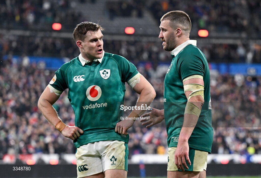5 February 2026; Garry Ringrose, left, and Stuart McCloskey of Ireland after the Guinness 6 Nations Rugby Championship match between France and Ireland at Stade de France in Paris, France. Photo by Brendan Moran/Sportsfile