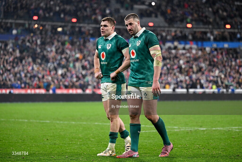 5 February 2026; Garry Ringrose, left, and Stuart McCloskey of Ireland after the Guinness 6 Nations Rugby Championship match between France and Ireland at Stade de France in Paris, France. Photo by Brendan Moran/Sportsfile