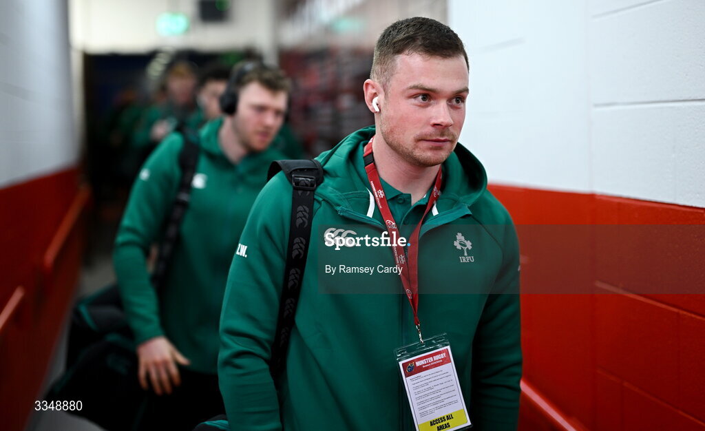 6 February 2026; Zac Ward of Ireland XV arrives before the representative fixture rugby union match between Ireland XV and England A at Thomond Park in Limerick. Photo by Ramsey Cardy/Sportsfile