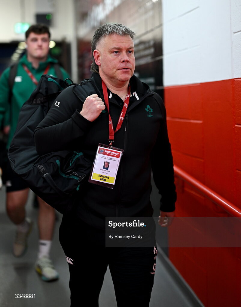 6 February 2026; Ireland XV head coach Colm Tucker arrives before the representative fixture rugby union match between Ireland XV and England A at Thomond Park in Limerick. Photo by Ramsey Cardy/Sportsfile