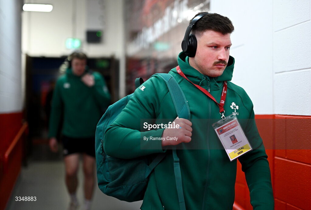 6 February 2026; Fineen Wycherley of Ireland XV arrives before the representative fixture rugby union match between Ireland XV and England A at Thomond Park in Limerick. Photo by Ramsey Cardy/Sportsfile