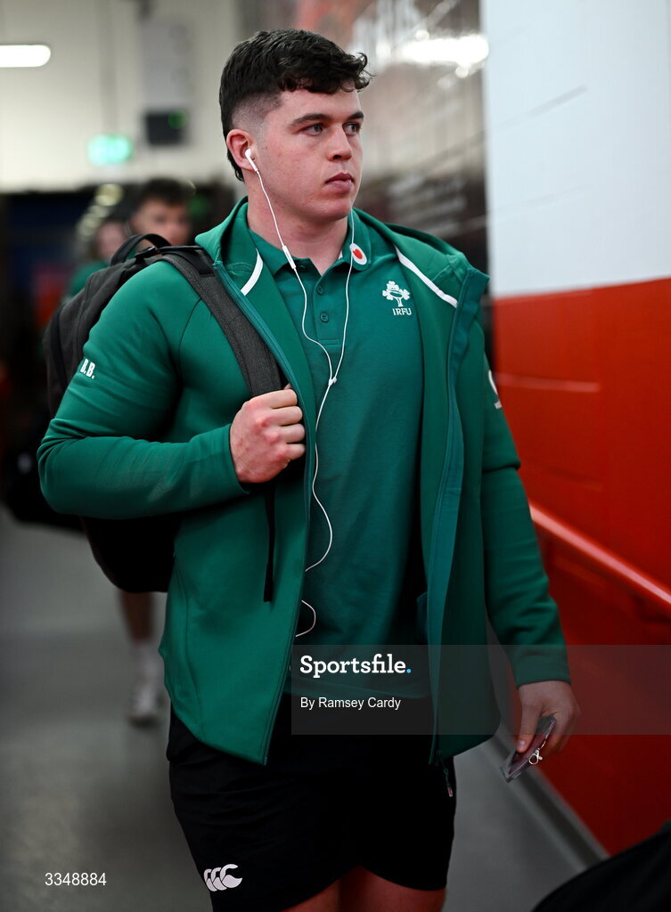 6 February 2026; Billy Bohan of Ireland XV arrives before the representative fixture rugby union match between Ireland XV and England A at Thomond Park in Limerick. Photo by Ramsey Cardy/Sportsfile
