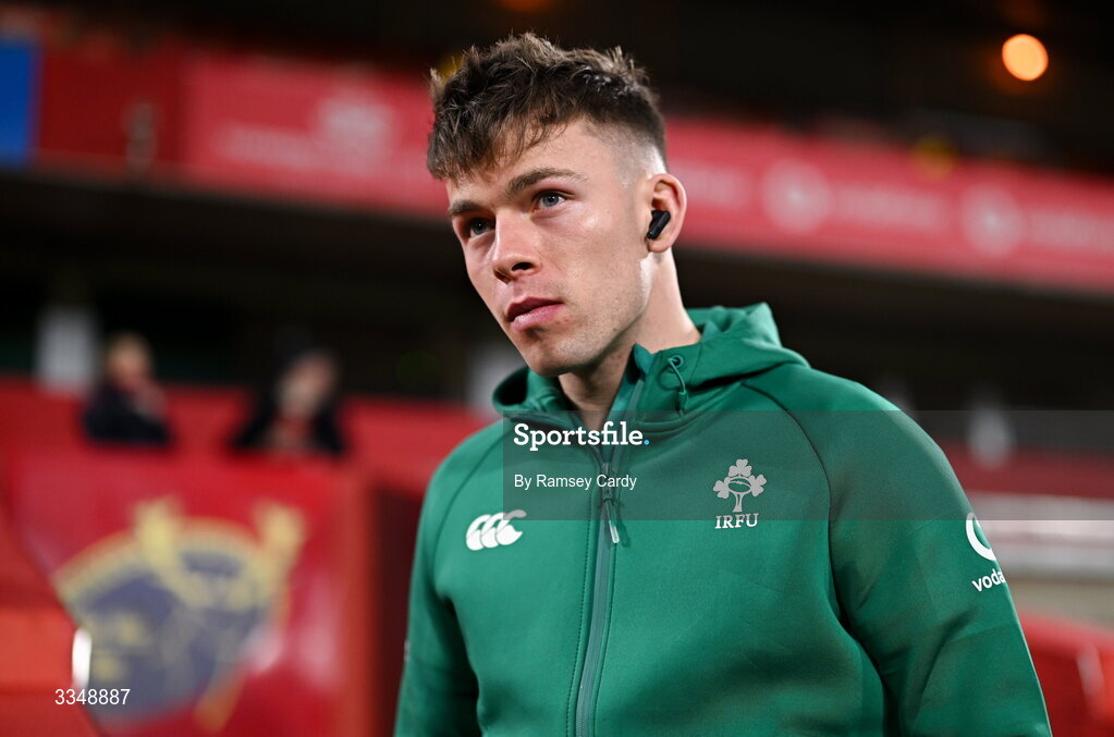 6 February 2026; Matthew Devine of Ireland XV walks the pitch before the representative fixture rugby union match between Ireland XV and England A at Thomond Park in Limerick. Photo by Ramsey Cardy/Sportsfile
