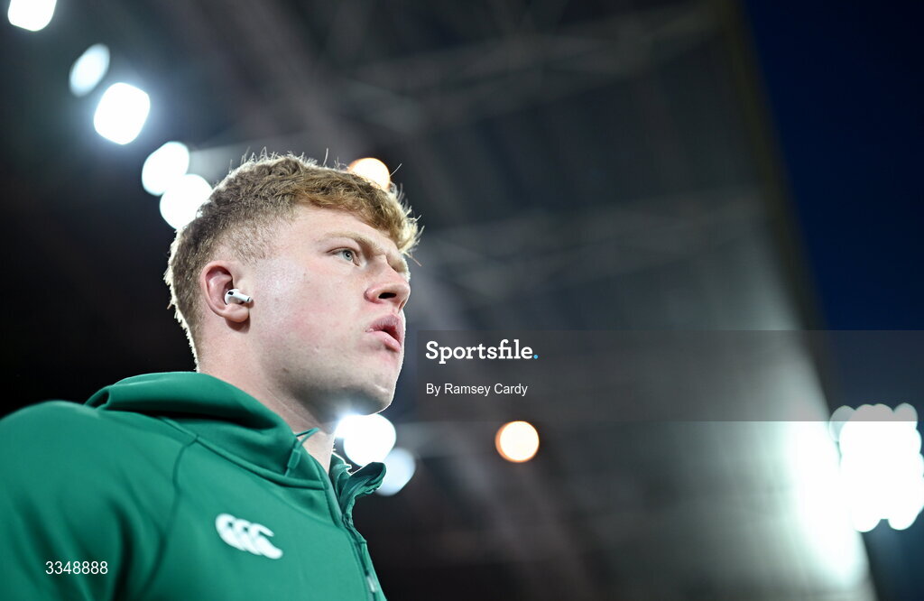 6 February 2026; Bryn Ward of Ireland XV walks the pitch before the representative fixture rugby union match between Ireland XV and England A at Thomond Park in Limerick. Photo by Ramsey Cardy/Sportsfile