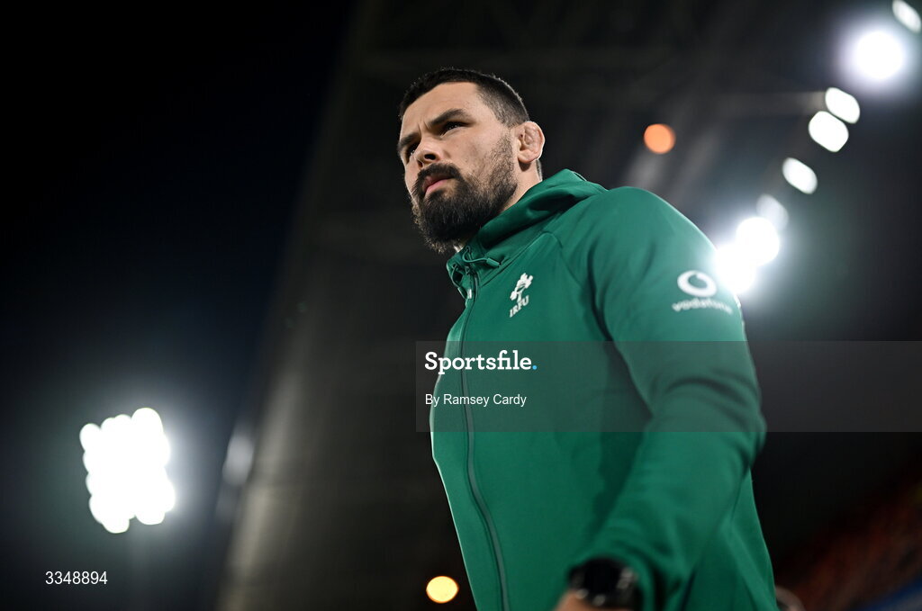 6 February 2026; Ireland XV captain Max Deegan walks the pitch before the representative fixture rugby union match between Ireland XV and England A at Thomond Park in Limerick. Photo by Ramsey Cardy/Sportsfile