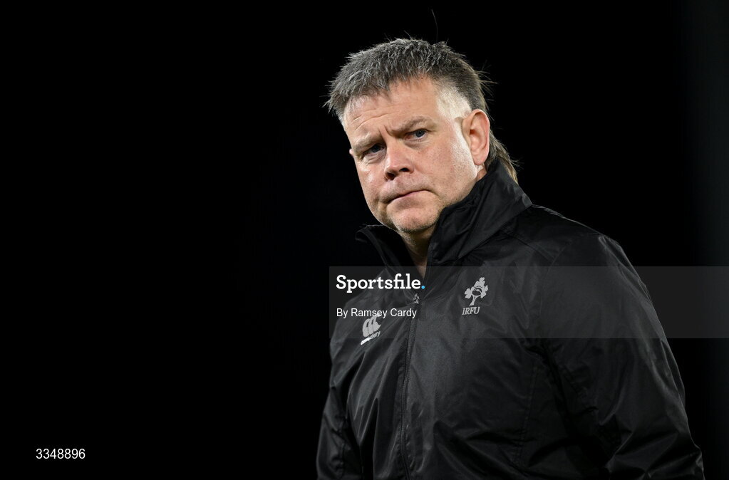 6 February 2026; Ireland XV head coach Colm Tucker walks the pitch before the representative fixture rugby union match between Ireland XV and England A at Thomond Park in Limerick. Photo by Ramsey Cardy/Sportsfile