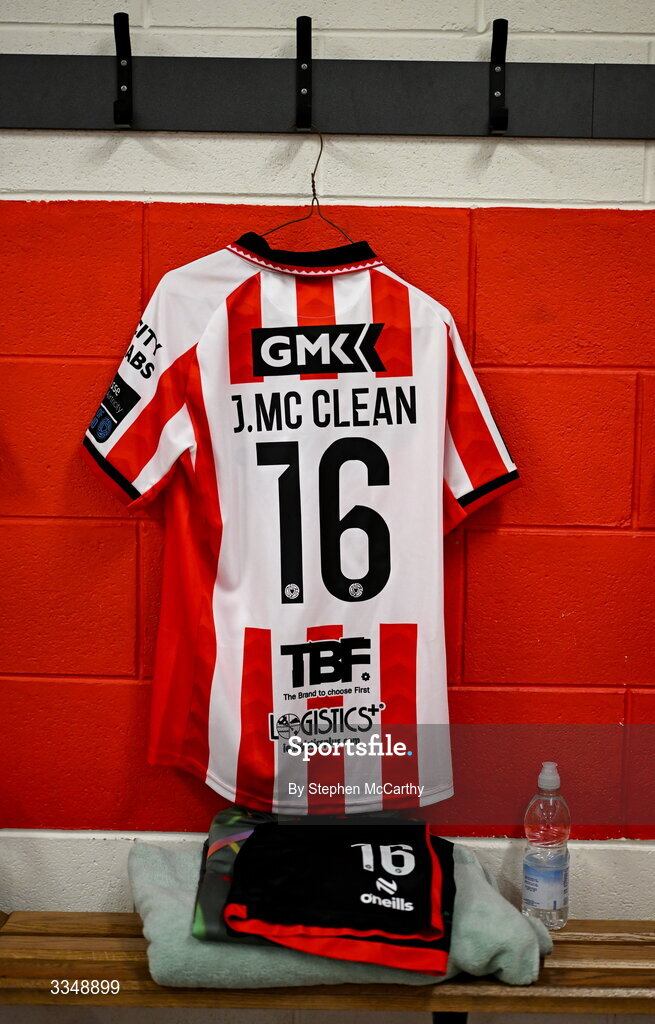 6 February 2026; The jersey of James McClean hangs in the Derry City dressing room before the SSE Airtricity Men's Premier Division match between Derry City and Sligo Rovers at The Ryan McBride Brandywell Stadium in Derry. Photo by Stephen McCarthy/Sportsfile