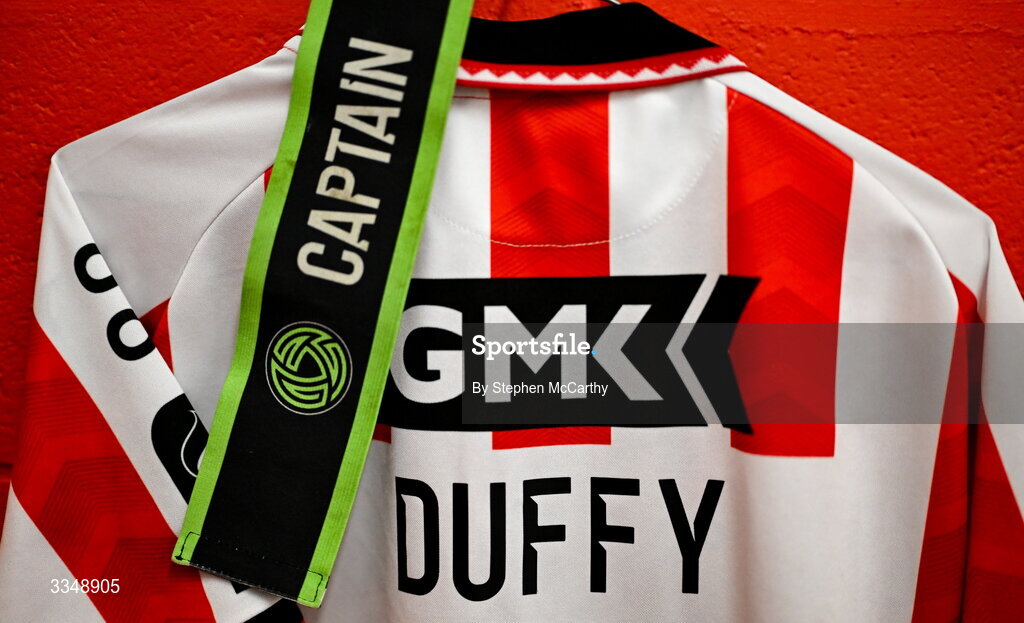 6 February 2026; The jersey of Michael Duffy hangs in the Derry City dressing room before the SSE Airtricity Men's Premier Division match between Derry City and Sligo Rovers at The Ryan McBride Brandywell Stadium in Derry. Photo by Stephen McCarthy/Sportsfile