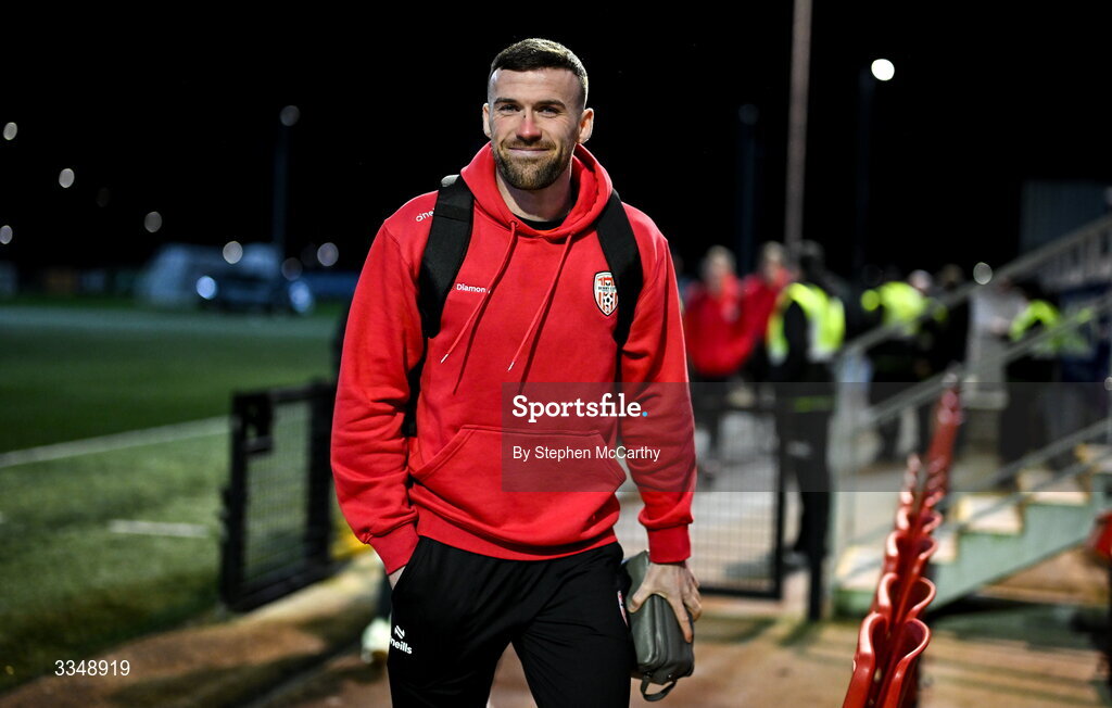 6 February 2026; Patrick McClean of Derry City arrives before the SSE Airtricity Men's Premier Division match between Derry City and Sligo Rovers at The Ryan McBride Brandywell Stadium in Derry. Photo by Stephen McCarthy/Sportsfile