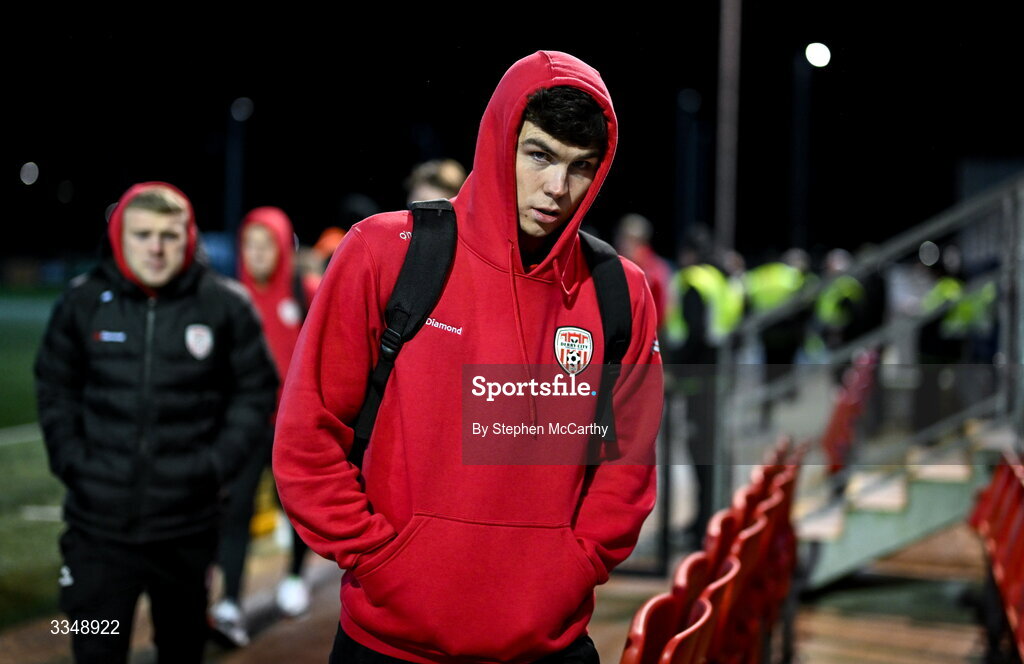 6 February 2026; James Clarke of Derry City arrives before the SSE Airtricity Men's Premier Division match between Derry City and Sligo Rovers at The Ryan McBride Brandywell Stadium in Derry. Photo by Stephen McCarthy/Sportsfile