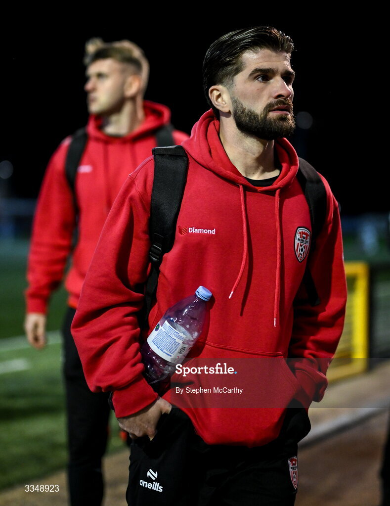 6 February 2026; Brandon Fleming of Derry City arrives before the SSE Airtricity Men's Premier Division match between Derry City and Sligo Rovers at The Ryan McBride Brandywell Stadium in Derry. Photo by Stephen McCarthy/Sportsfile