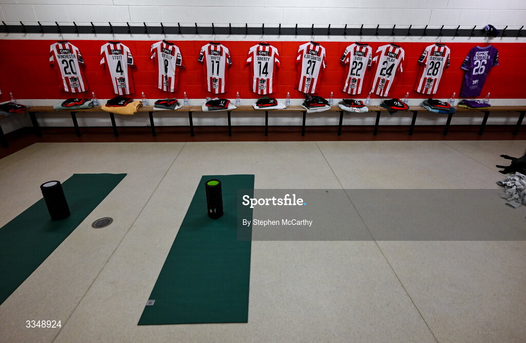 6 February 2026; A view inside the Derry City dressing room before the SSE Airtricity Men's Premier Division match between Derry City and Sligo Rovers at The Ryan McBride Brandywell Stadium in Derry. Photo by Stephen McCarthy/Sportsfile