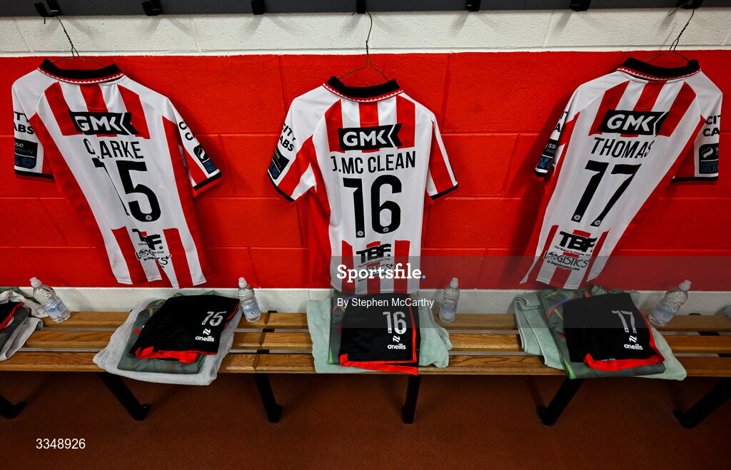 6 February 2026; The Derry City jerseys of, from left, James Clarke, James McClean and Josh Thomas hang in the dressing room before the SSE Airtricity Men's Premier Division match between Derry City and Sligo Rovers at The Ryan McBride Brandywell Stadium in Derry. Photo by Stephen McCarthy/Sportsfile