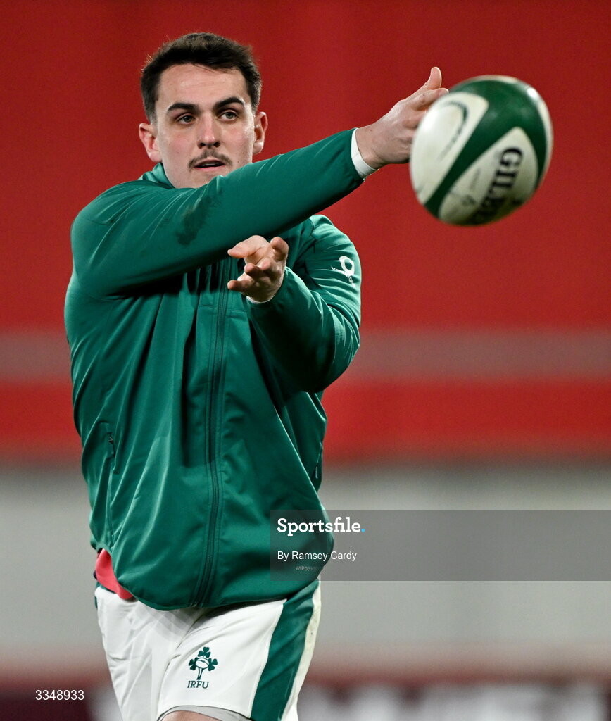 6 February 2026; James Hume of Ireland XV warms up before the representative fixture rugby union match between Ireland XV and England A at Thomond Park in Limerick. Photo by Ramsey Cardy/Sportsfile