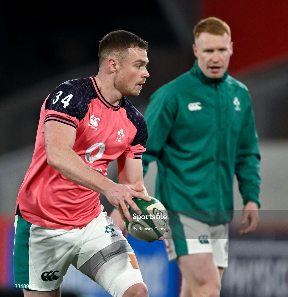 6 February 2026; Zac Ward of Ireland XV warms up before the representative fixture rugby union match between Ireland XV and England A at Thomond Park in Limerick. Photo by Ramsey Cardy/Sportsfile