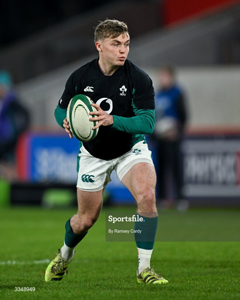 6 February 2026; Fintan Gunne of Ireland XV warms up before the representative fixture rugby union match between Ireland XV and England A at Thomond Park in Limerick. Photo by Ramsey Cardy/Sportsfile