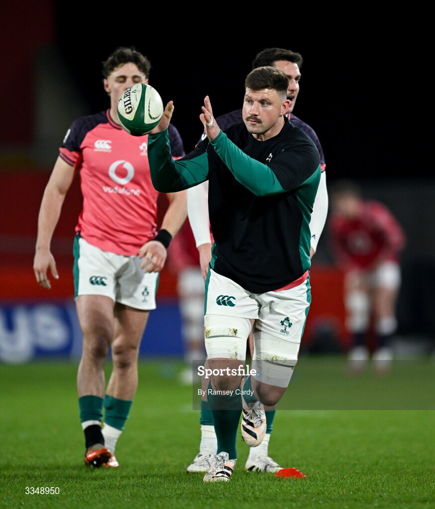 6 February 2026; Fineen Wycherley of Ireland XV warms up before the representative fixture rugby union match between Ireland XV and England A at Thomond Park in Limerick. Photo by Ramsey Cardy/Sportsfile