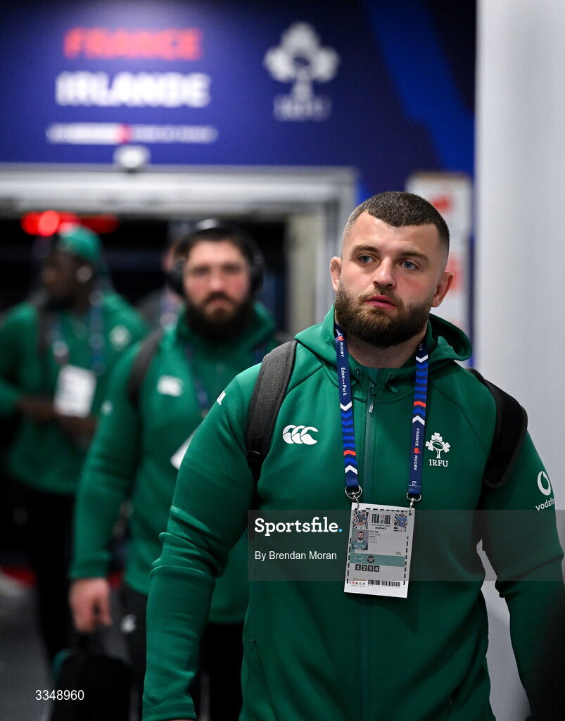 5 February 2026; Michael Milne of Ireland arrives before the Guinness 6 Nations Rugby Championship match between France and Ireland at Stade de France in Paris, France. Photo by Brendan Moran/Sportsfile