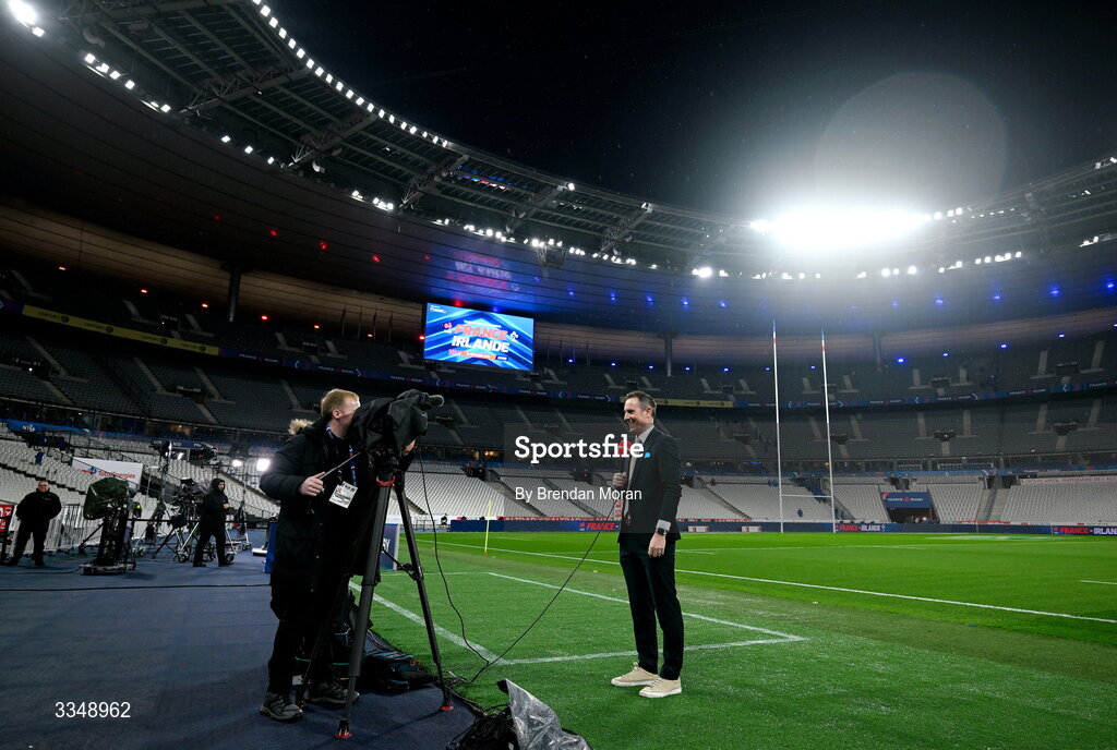 5 February 2026; Will Dalton of Virgin Media Television records a piece to camera before the Guinness 6 Nations Rugby Championship match between France and Ireland at Stade de France in Paris, France. Photo by Brendan Moran/Sportsfile