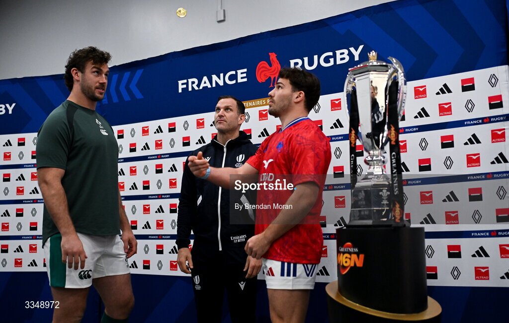 5 February 2026; France captain Antoine Dupont performs the coin toss, in the company of Ireland captain Caelan Doris and referee Karl Dickson before the Guinness 6 Nations Rugby Championship match between France and Ireland at Stade de France in Paris, France. Photo by Brendan Moran/Sportsfile