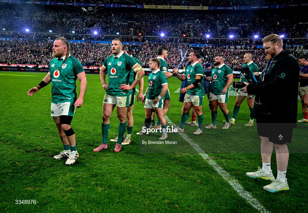 5 February 2026; Ireland players, from left, Finlay Bealham, Stuart McCloskey and Craig Casey after the Guinness 6 Nations Rugby Championship match between France and Ireland at Stade de France in Paris, France. Photo by Brendan Moran/Sportsfile