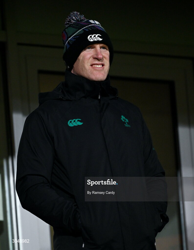 6 February 2026; Ireland forwards coach Paul O'Connell looks on during the representative fixture rugby union match between Ireland XV and England A at Thomond Park in Limerick. Photo by Ramsey Cardy/Sportsfile