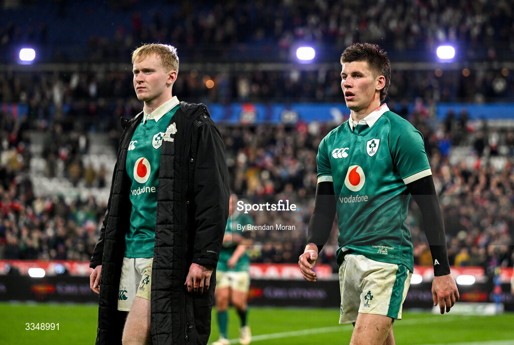 5 February 2026; Jamie Osborne, left, and Sam Prendergast of Ireland after the Guinness 6 Nations Rugby Championship match between France and Ireland at Stade de France in Paris, France. Photo by Brendan Moran/Sportsfile
