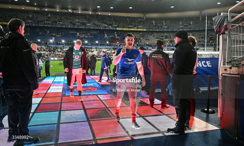 5 February 2026; Thomas Ramos of France leaves the pitch after the Guinness 6 Nations Rugby Championship match between France and Ireland at Stade de France in Paris, France. Photo by Brendan Moran/Sportsfile
