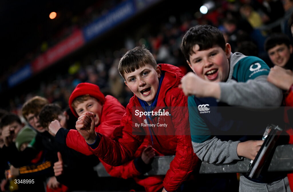 6 February 2026; Supporters before the representative fixture rugby union match between Ireland XV and England A at Thomond Park in Limerick. Photo by Ramsey Cardy/Sportsfile