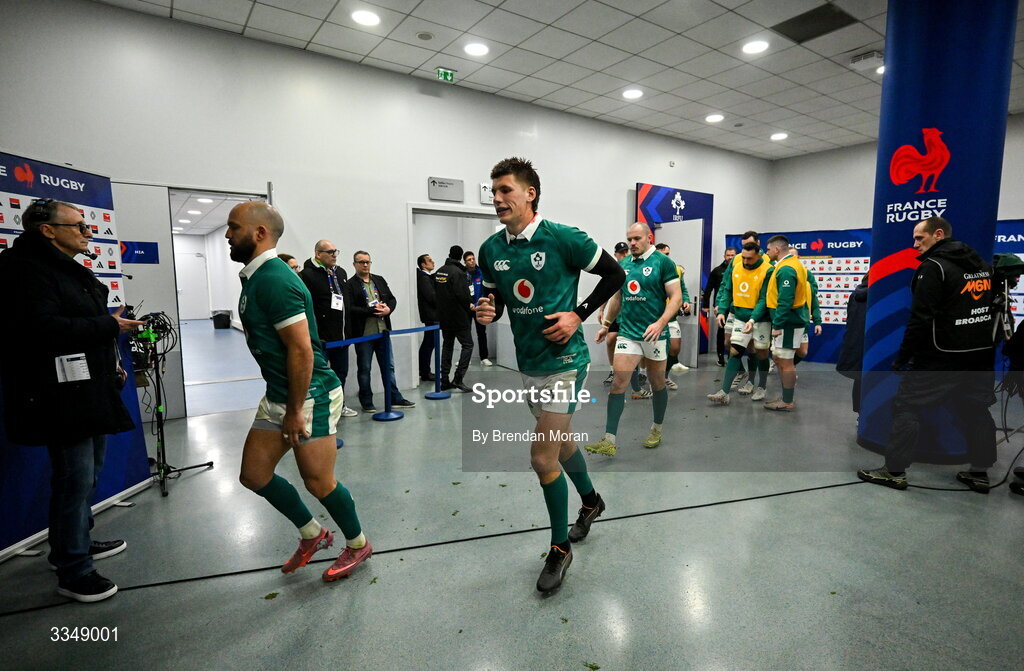 5 February 2026; Ireland players, from left, Jamison Gibson-Park, Sam Prendergast and Jacob Stockdale make their way out of the dressingroom for the second half of the Guinness 6 Nations Rugby Championship match between France and Ireland at Stade de France in Paris, France. Photo by Brendan Moran/Sportsfile