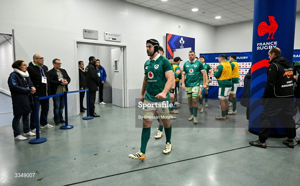 5 February 2026; Ireland captain Caelan Doris leads his side out of the dressingroom for the second half of the Guinness 6 Nations Rugby Championship match between France and Ireland at Stade de France in Paris, France. Photo by Brendan Moran/Sportsfile