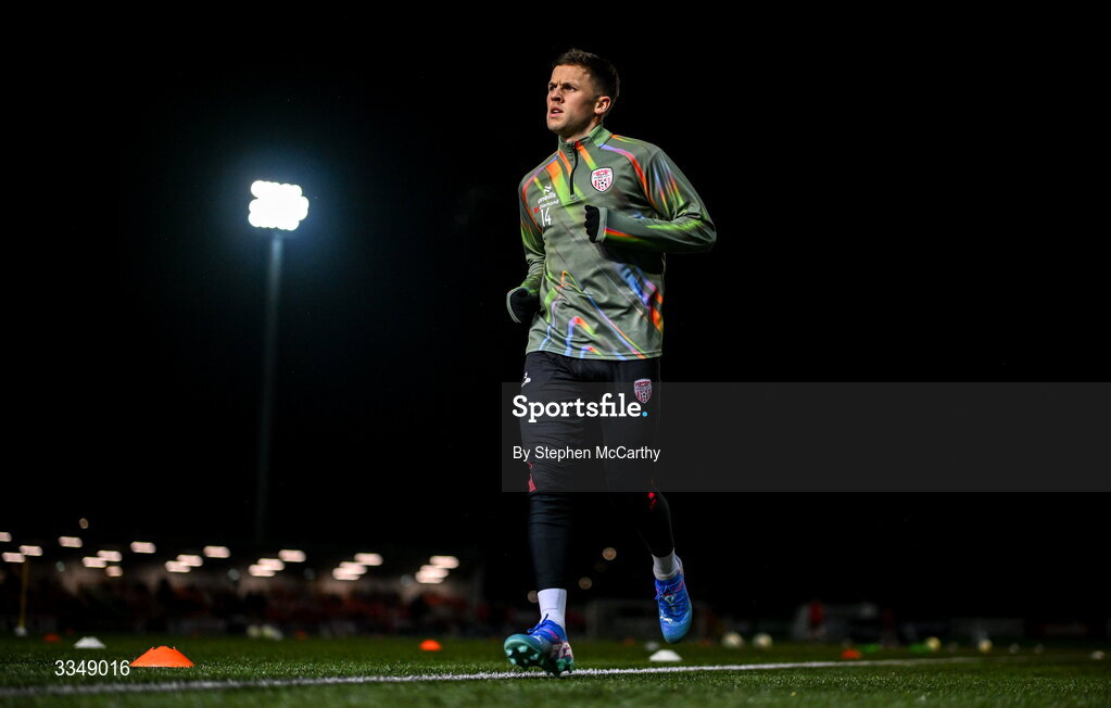6 February 2026; Ben Doherty of Derry City before the SSE Airtricity Men's Premier Division match between Derry City and Sligo Rovers at The Ryan McBride Brandywell Stadium in Derry. Photo by Stephen McCarthy/Sportsfile