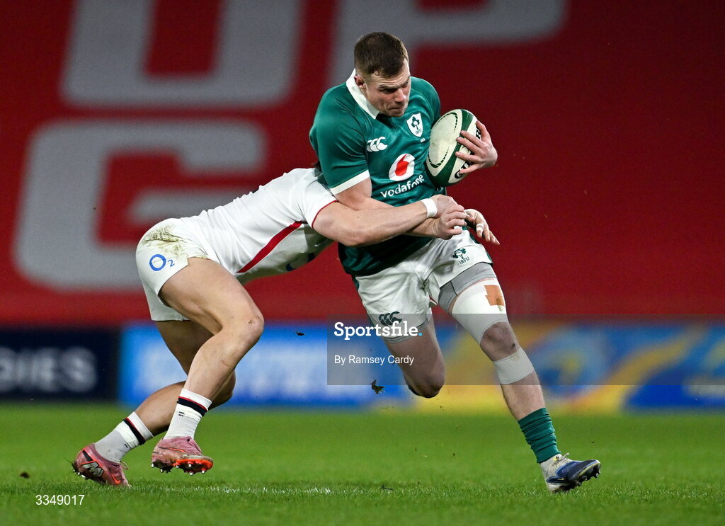 6 February 2026; Zac Ward of Ireland XV is tackled by Cadan Murley of England A during the representative fixture rugby union match between Ireland XV and England A at Thomond Park in Limerick. Photo by Ramsey Cardy/Sportsfile