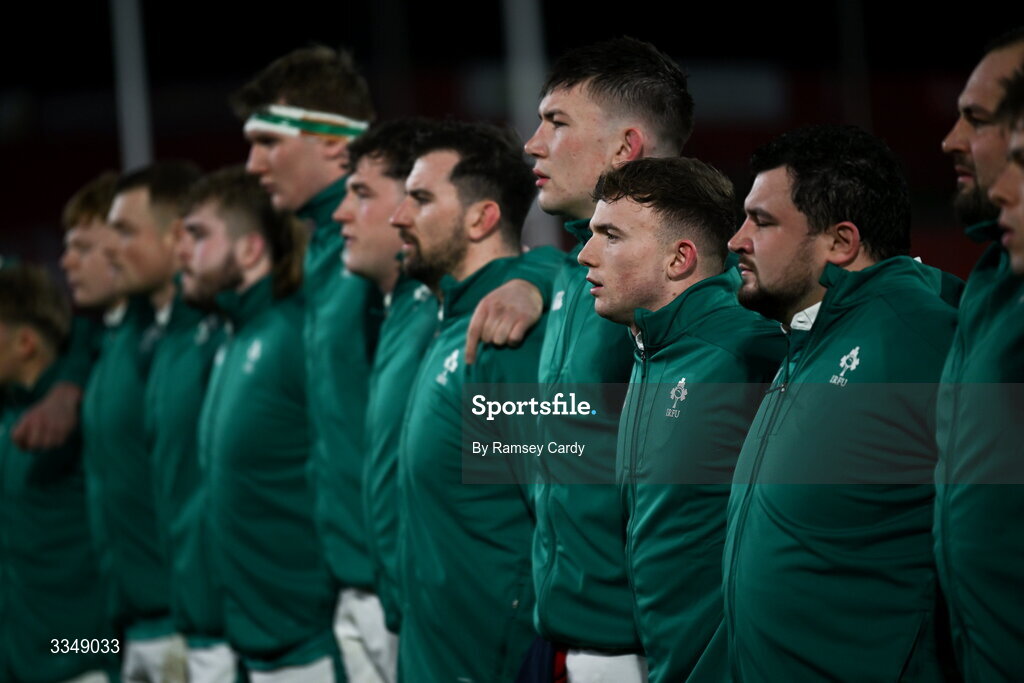 6 February 2026; Jack Murphy of Ireland XV, centre, and his teammates during Ireland's Call before the representative fixture rugby union match between Ireland XV and England A at Thomond Park in Limerick. Photo by Ramsey Cardy/Sportsfile