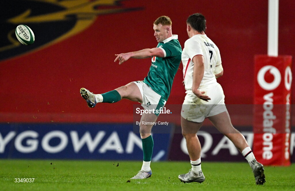 6 February 2026; Ciarán Frawley of Ireland XV kicks during the representative fixture rugby union match between Ireland XV and England A at Thomond Park in Limerick. Photo by Ramsey Cardy/Sportsfile
