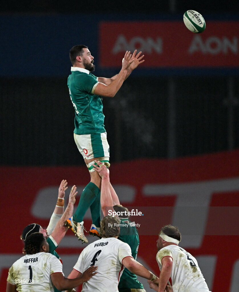 6 February 2026; Max Deegan of Ireland XV takes possession in a lineout during the representative fixture rugby union match between Ireland XV and England A at Thomond Park in Limerick. Photo by Ramsey Cardy/Sportsfile