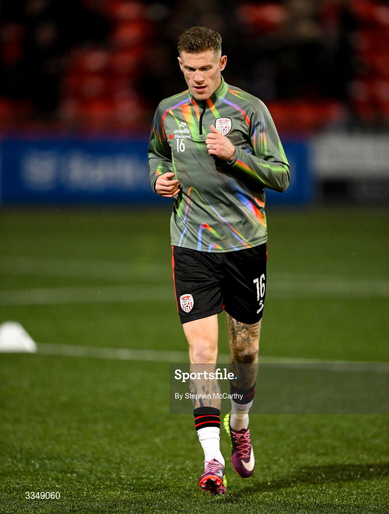 6 February 2026; James McClean of Derry City before the SSE Airtricity Men's Premier Division match between Derry City and Sligo Rovers at The Ryan McBride Brandywell Stadium in Derry. Photo by Stephen McCarthy/Sportsfile
