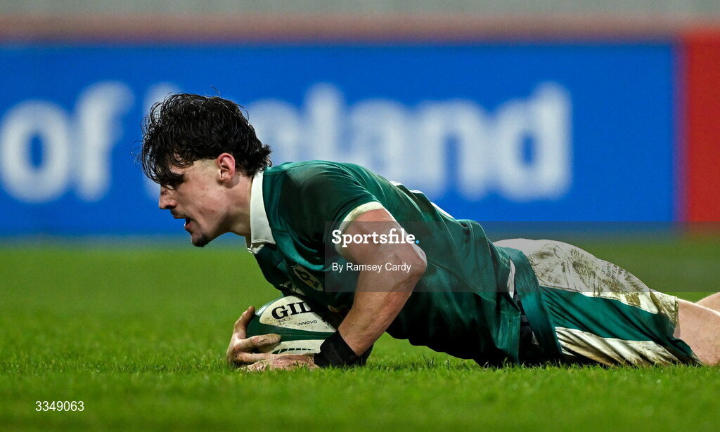 6 February 2026; Joshua Kenny of Ireland XV scores his side's second try during the representative fixture rugby union match between Ireland XV and England A at Thomond Park in Limerick. Photo by Ramsey Cardy/Sportsfile