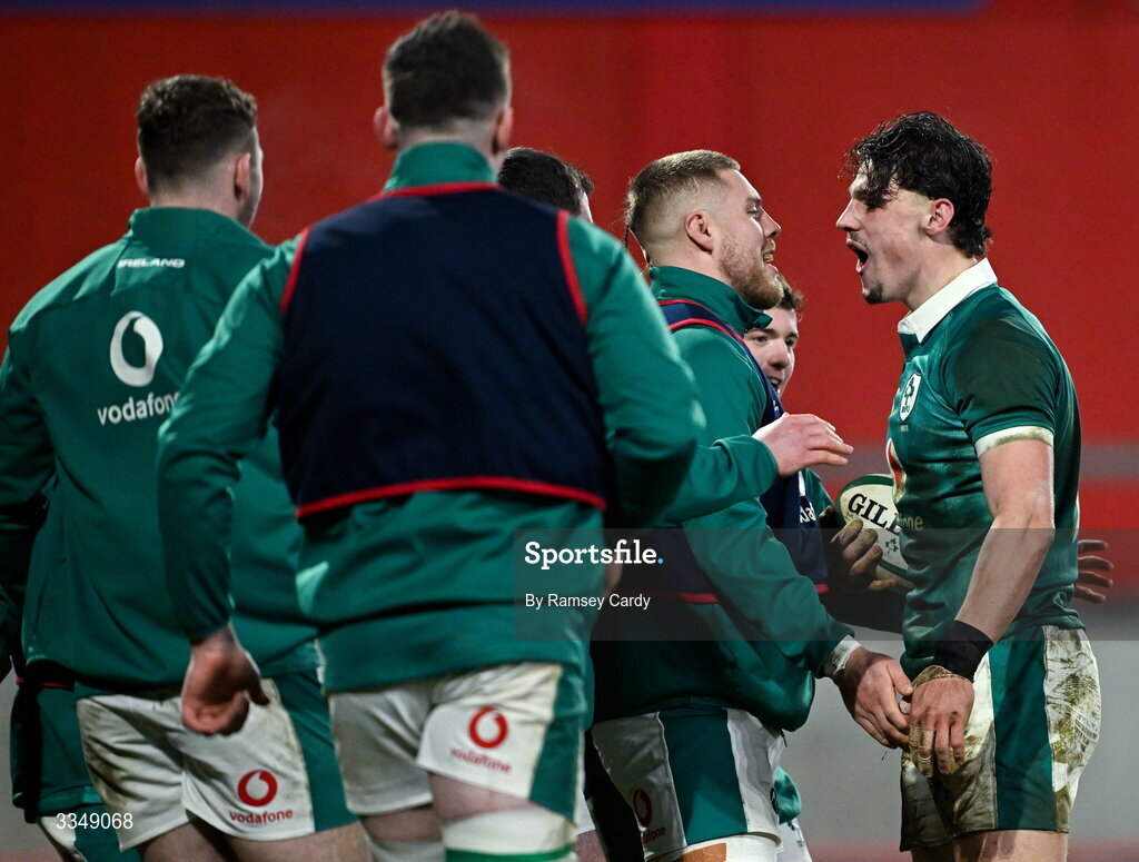 6 February 2026; Joshua Kenny of Ireland XV celebrates with teammates after scoring their side's second try during the representative fixture rugby union match between Ireland XV and England A at Thomond Park in Limerick. Photo by Ramsey Cardy/Sportsfile