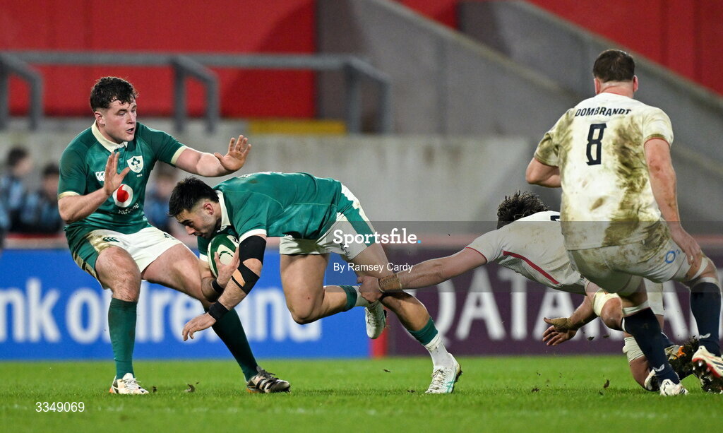 6 February 2026; Dan Kelly of Ireland XV is tackled by Ethan Roots of England A during the representative fixture rugby union match between Ireland XV and England A at Thomond Park in Limerick. Photo by Ramsey Cardy/Sportsfile